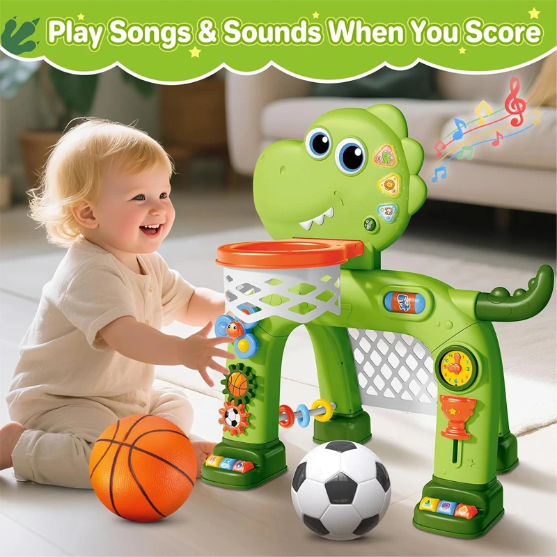 Dino Sport Set , Toddler Basketball Hoop & Soccer Goal with Light & Music For Age 1-4 Years